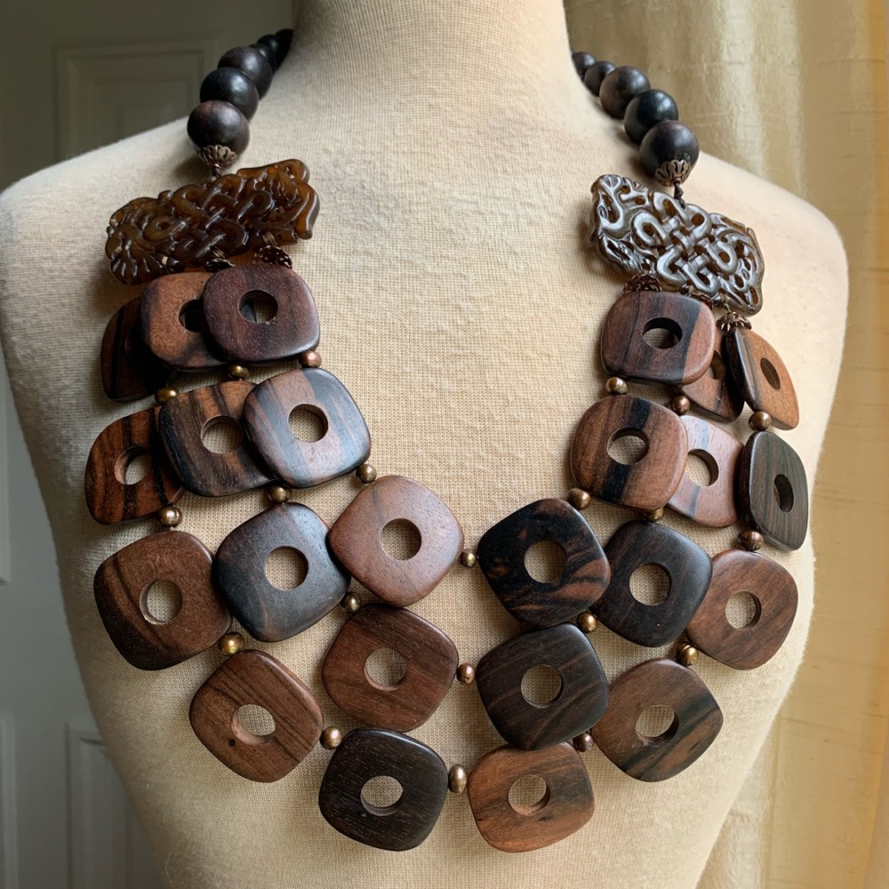 Two Blonde Lizzards Tiger Ebony & Hand Carved Jade Multi Strand Necklace